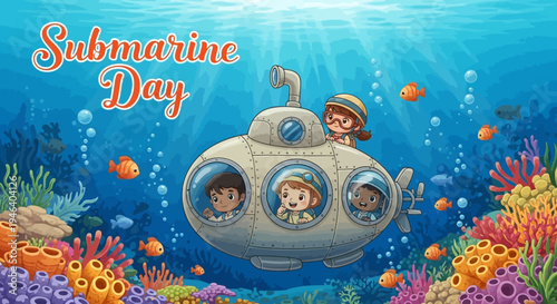 Illustration of a submarine with people on Submarine Day surrounded by coral reef and ocean life in a colorful underwater scene.