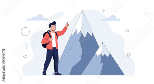 Man reaching mountain peak, symbolizing success, achievement, and adventure