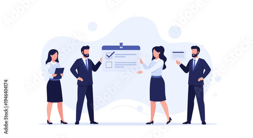 Business team planning and checking tasks on a whiteboard, teamwork and strategy concept.