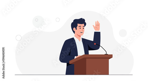 Man giving speech at podium, raising hand, public speaking, political debate, presentation