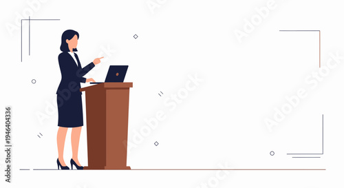 Woman in suit giving presentation at podium with laptop, pointing finger