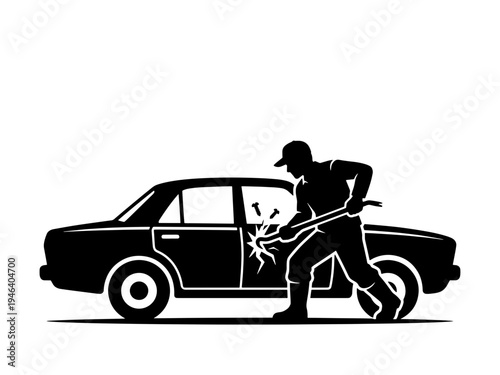 A black and white vector silhouette showing a car thief or burglar using a tool to force open a vehicle door. Perfect for security, insurance, and crime prevention concepts.