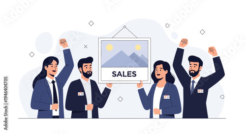 Team Celebrating Sales Success Holding Up a Mountain Landscape Picture