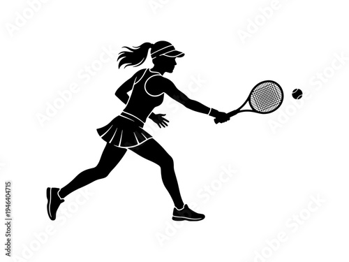Black and white vector silhouette of a professional woman athlete hitting a ball with a racket during a tennis match, isolated on a white background.