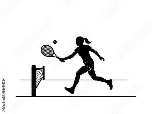 A black and white silhouette illustration of a woman playing tennis, running to hit the ball with a racket on the court near the net.