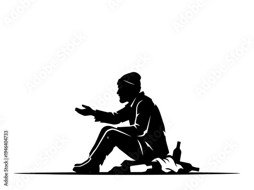 A stark black and white vector silhouette representing poverty, homelessness, and social hardship, featuring a man sitting on the ground reaching out for help.