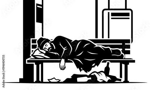High contrast black and white graphic showing a homeless man sleeping on a bench with trash underneath. Represents social issues, poverty, and urban struggles.
