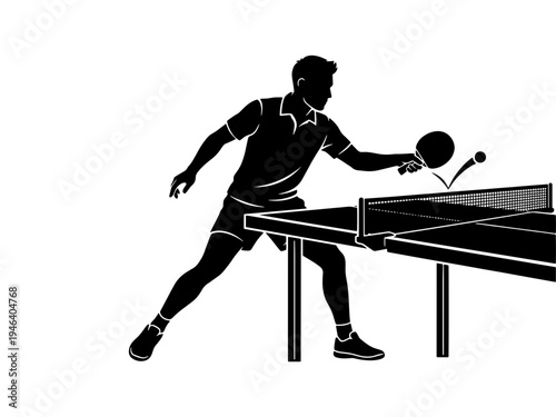 A black and white silhouette of a male athlete playing table tennis, hitting a ball over the net in a competitive stance. Ideal for sports and fitness designs.