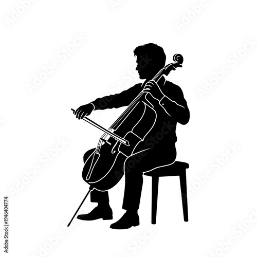 Professional silhouette illustration of a man sitting on a stool and playing the cello with a bow. Ideal for classical music projects and performance graphics.
