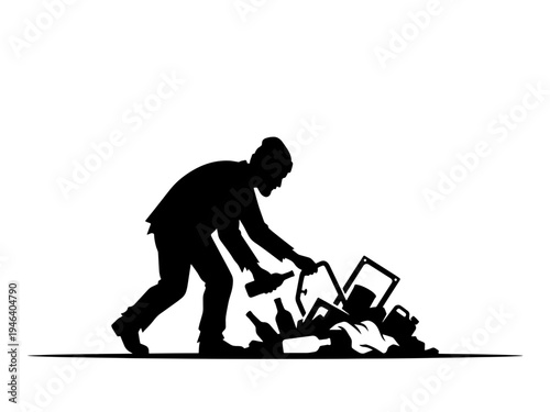 High-contrast black stencil silhouette of a volunteer or worker collecting litter and glass bottles, representing environmental cleanup and waste management efforts.