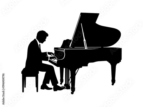 A clean black and white silhouette vector of a man in formal attire performing on a grand piano, ideal for music concert posters and cultural event designs.