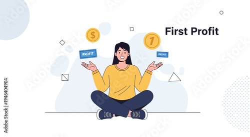 Woman Meditating with Profit and Money Icons, First Profit Concept