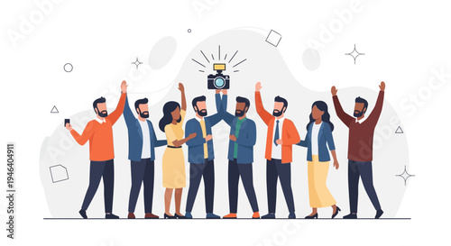 Diverse group of people celebrating success with a camera, teamwork, achievement