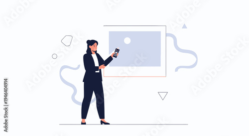 Businesswoman presenting with remote control in modern office, minimalist design