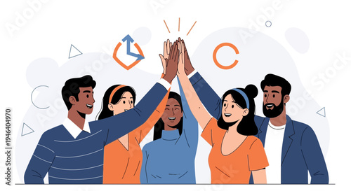 Diverse team celebrating success with high five, teamwork and achievement concept