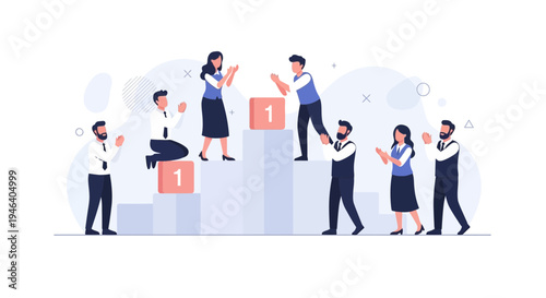 Business people celebrating success on podium, teamwork, achievement, winning, applause