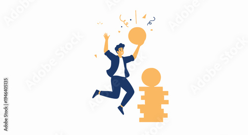 Man jumping with joy holding a coin next to stack of coins, confetti falling