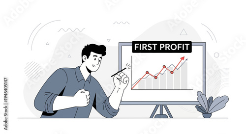 Man points to rising profit graph on screen, business growth concept