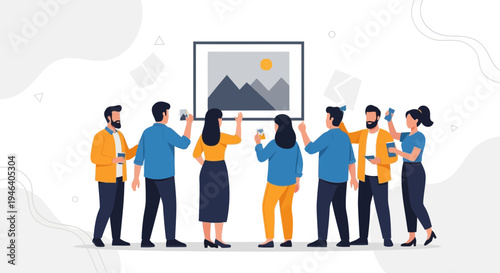 People Taking Photos of Art in Gallery, Modern Art Exhibition, Visitors with Smartphones