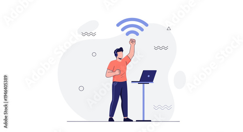 Man with laptop celebrating strong wifi signal, concept of connectivity and technology