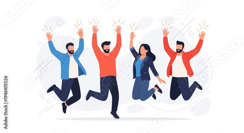 Group of friends jumping for joy, celebrating success, teamwork, happiness, flat design