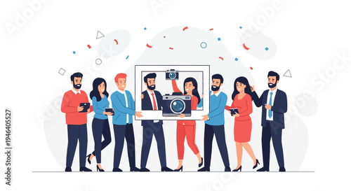 Diverse group of people holding a photo frame with a couple taking a selfie