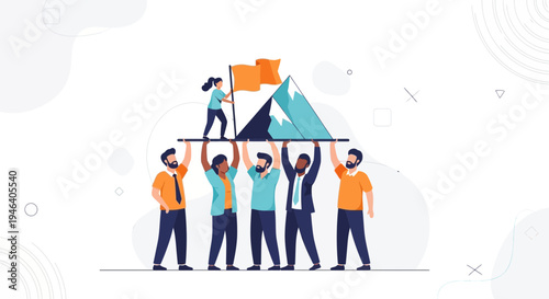Teamwork success: people lifting mountain with flag, teamwork, business goal achievement