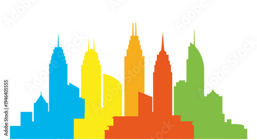 Colorful city skyline with skyscrapers.
