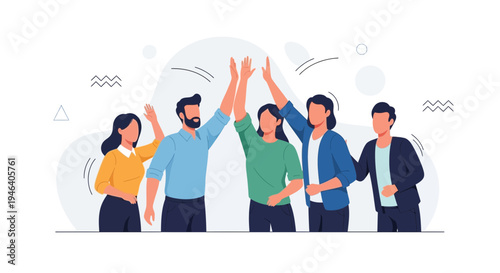 Teamwork High Five, Diverse Group Celebrating Success, Unity and Collaboration