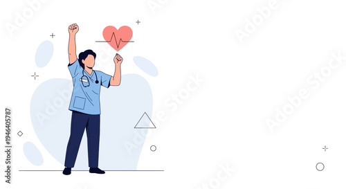 Healthcare Hero Doctor Celebrating Success with Heartbeat Icon