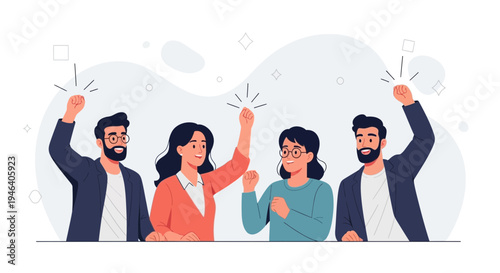 Diverse group of people celebrating success with raised hands and sparkling lights