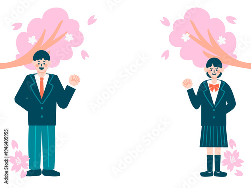 桜の下でガッツポーズをする制服姿の学生（男女）のイメージイラスト