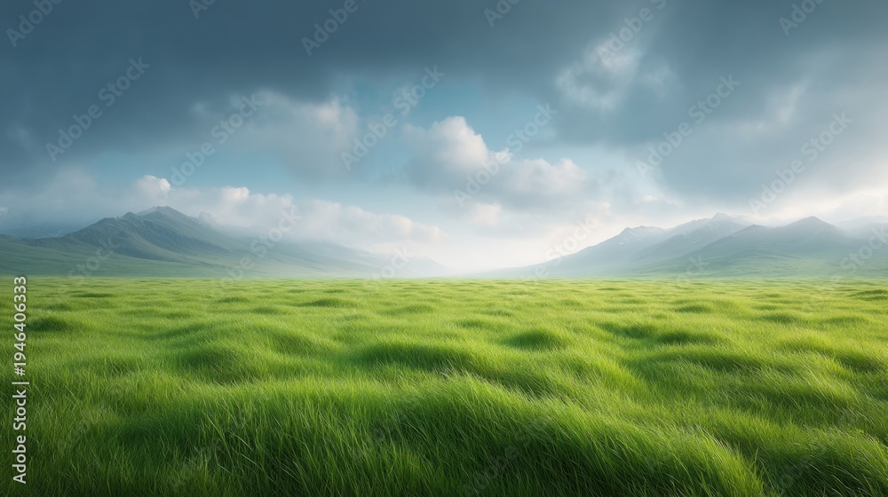 Fototapeta premium Lush Green Grasslands Under Dramatic Sky with Mountains in the Distance, Captivating Nature Landscape Scene