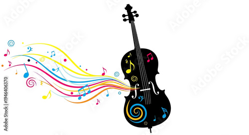 Black violin with colorful music notes.