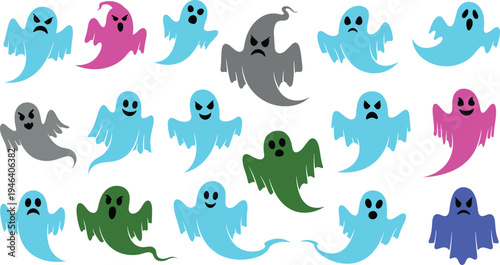 Colorful Halloween Ghost Character Set with Various Spooky Expressions and Emotions for Party Invitations, Seasonal Decorations, Kids Graphic Designs, and October Celebration Icons