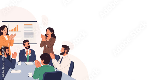 Business team applauding success in meeting room with presentation