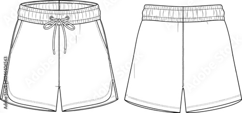 Cad drawing flat vector illustration of men's athletic shorts with drawstring waistband, curved hem, front and back technical view