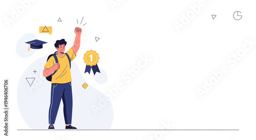 Student celebrating success with graduation cap and medal, achievement concept