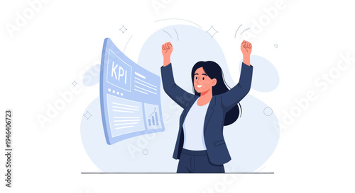 Businesswoman celebrating success with KPI dashboard, achieving goals, positive results