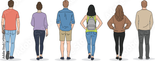 Diverse young people character set from back view walking and standing in casual summer outfits isolated flat vector illustration for lifestyle concepts.