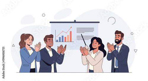 Business team applauding success during presentation with charts on screen