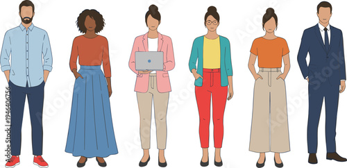 Diverse group of young professionals in colorful smart casual and formal business attire standing in confident poses isolated flat vector illustration.