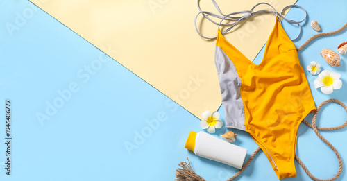 Stylish swimsuit, sunscreen...