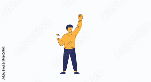 Man raising fist in air, holding paper, celebrating success, victory, or protest