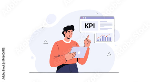 Man holding tablet analyzing KPI data and charts on screen, business analytics concept