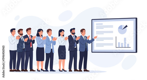 Business team applauding during presentation with charts on screen