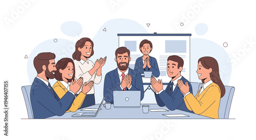 Business team applauding during a meeting, celebrating success, teamwork and achievement