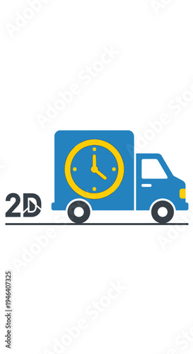 Blue Delivery Truck with Clock on Side.