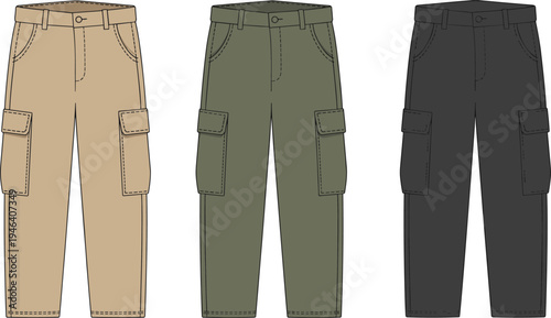 CAD drawing flat vector illustration of men's cargo pants in multiple colors, technical front view fashion design for apparel template