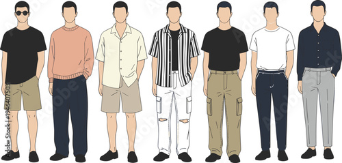 Diverse faceless people character set wearing smart casual and formal business outfits in confident standing poses isolated flat vector illustration.
